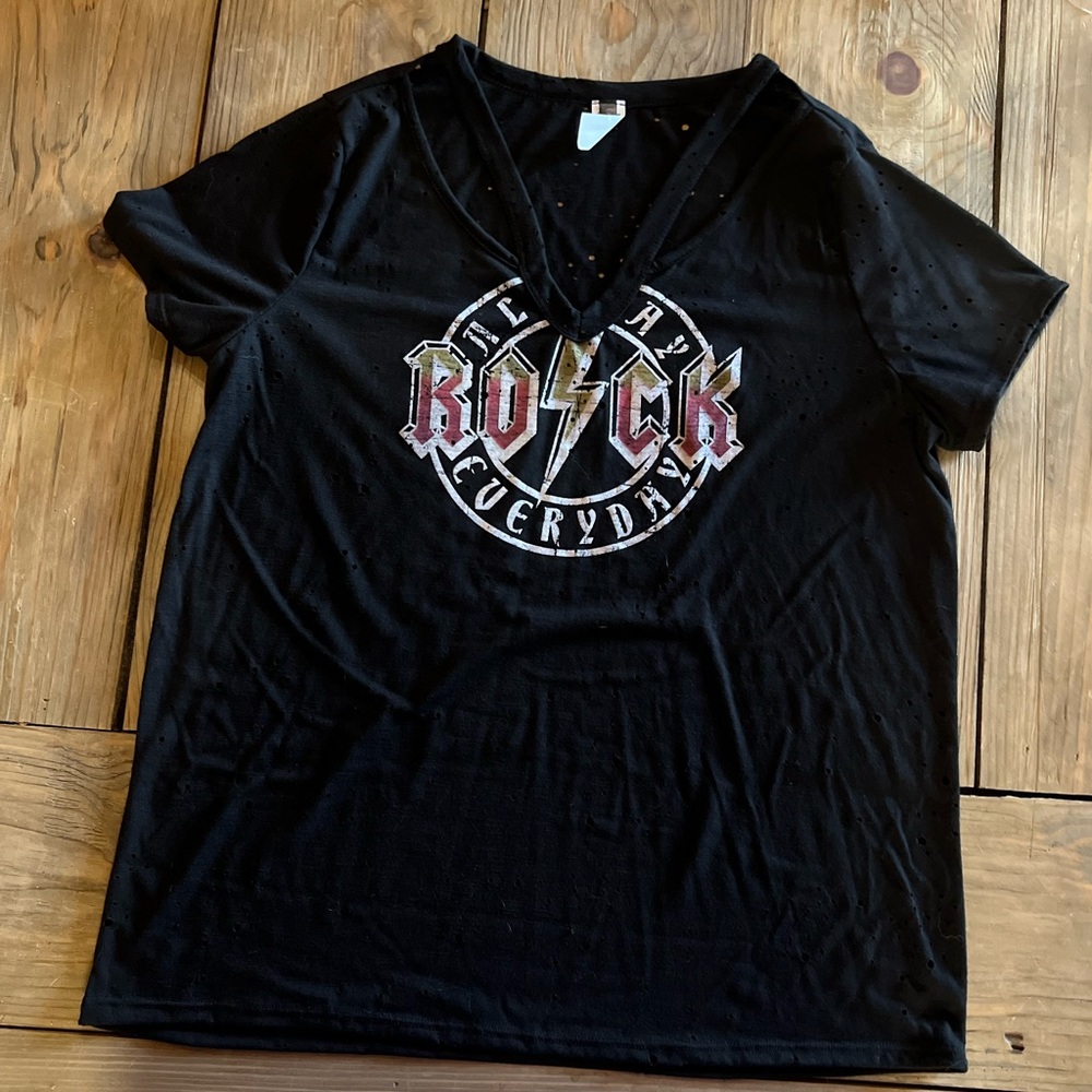 Oversized Distressed Band Tee Rocker V Neck - Picture 2 of 5